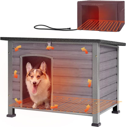 Heated Dog House Outdoor Insulated Dog Kennel with Heater, Durable Metal Frame, Chew-Resistant Cord, 6-Sided Thermal Liner, PVC Door Curtain for Winter (Grey)